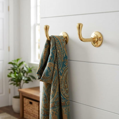 Unlacquered Solid Brass Wall Hooks Set of 2, Antique Brass Coat Hooks Wall Mount for Entryway, Bathroom & Kitchen, Gold Brass Towel Hook for Towels, Robes, Hats & Bags, Handcrafted Heavy Duty