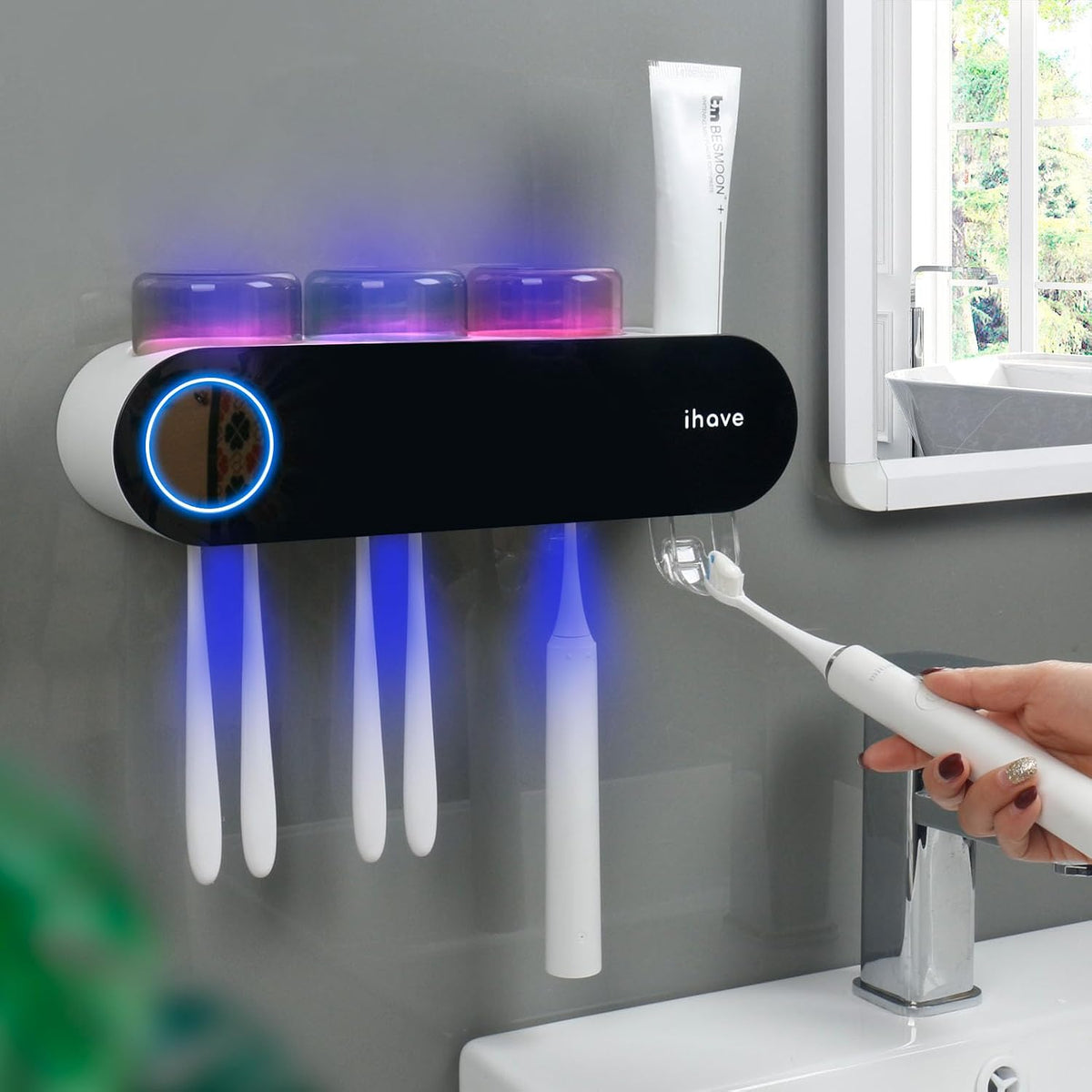 iHave UV Toothbrush Sanitizer Holder Wall Mount Toothpaste Dispenser, 3-Cup