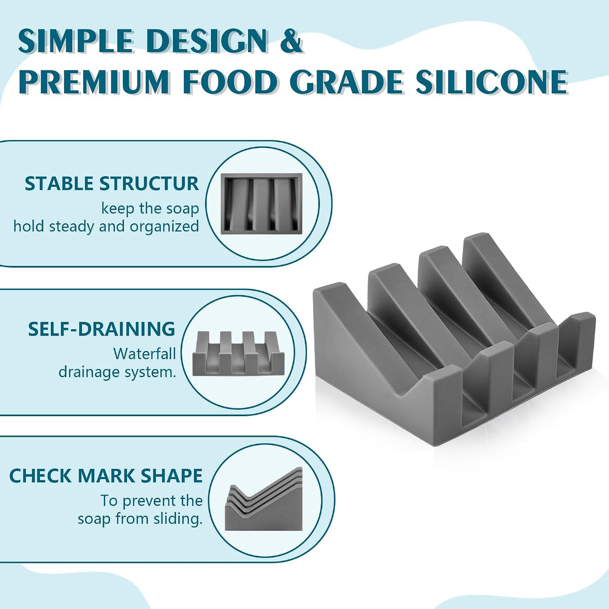 Self Draining Soap Dish Holder,Silicone Soap Dish,for Bathroom,Kitchen, Sponges，Can Extend Soap Life，Keep Soap Bars Dry and Easy Cleaning (Grey,2-Pack)