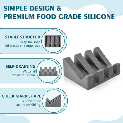 Self Draining Soap Dish Holder,Silicone Soap Dish,for Bathroom,Kitchen, Sponges，Can Extend Soap Life，Keep Soap Bars Dry and Easy Cleaning (Grey,2-Pack)