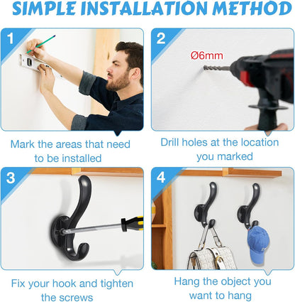6 Pack Coat Hooks Wall Mount Heavy Duty Utility Retro Double Hooks for Hanging Coats,Hat, Towel, Key, Robe, Scarf, Bag, Cap (Black)