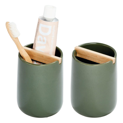 iDesign Ceramic Earth Collection Toothbrush Holder, Moss/Natural Wood