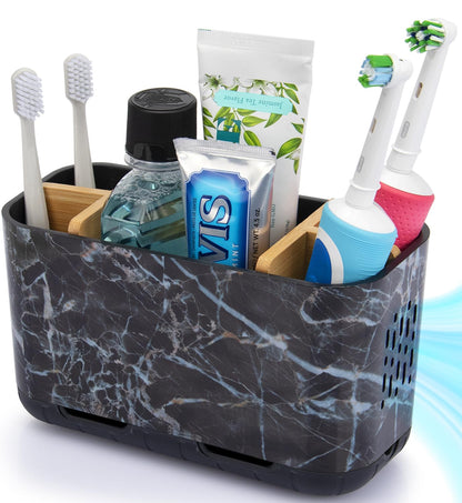 GFWARE Toothbrush Holders for Bathrooms, 5 Slots Bamboo Toothbrush Holder Kids Electric Toothbrush Holder and Toothpaste Holder for Bathroom Countertop Accessories Storage, Marble Toothbrush Organizer