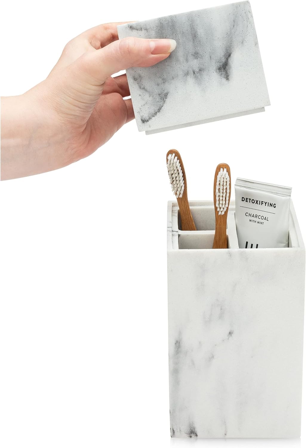 Essentra Home Toothbrush Holder with Lid, Elegant White Marble Bathroom Toothbrush & Toothpaste Organizer – Blanc Collection