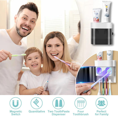 GFWARE Toothbrush Holder Toothpaste Dispenser Wall Mounted with Cover, 4 Slots Tooth Brush Storage Organizer with Automatic Kids Toothpaste Squeezers for Shower Bathroom Black