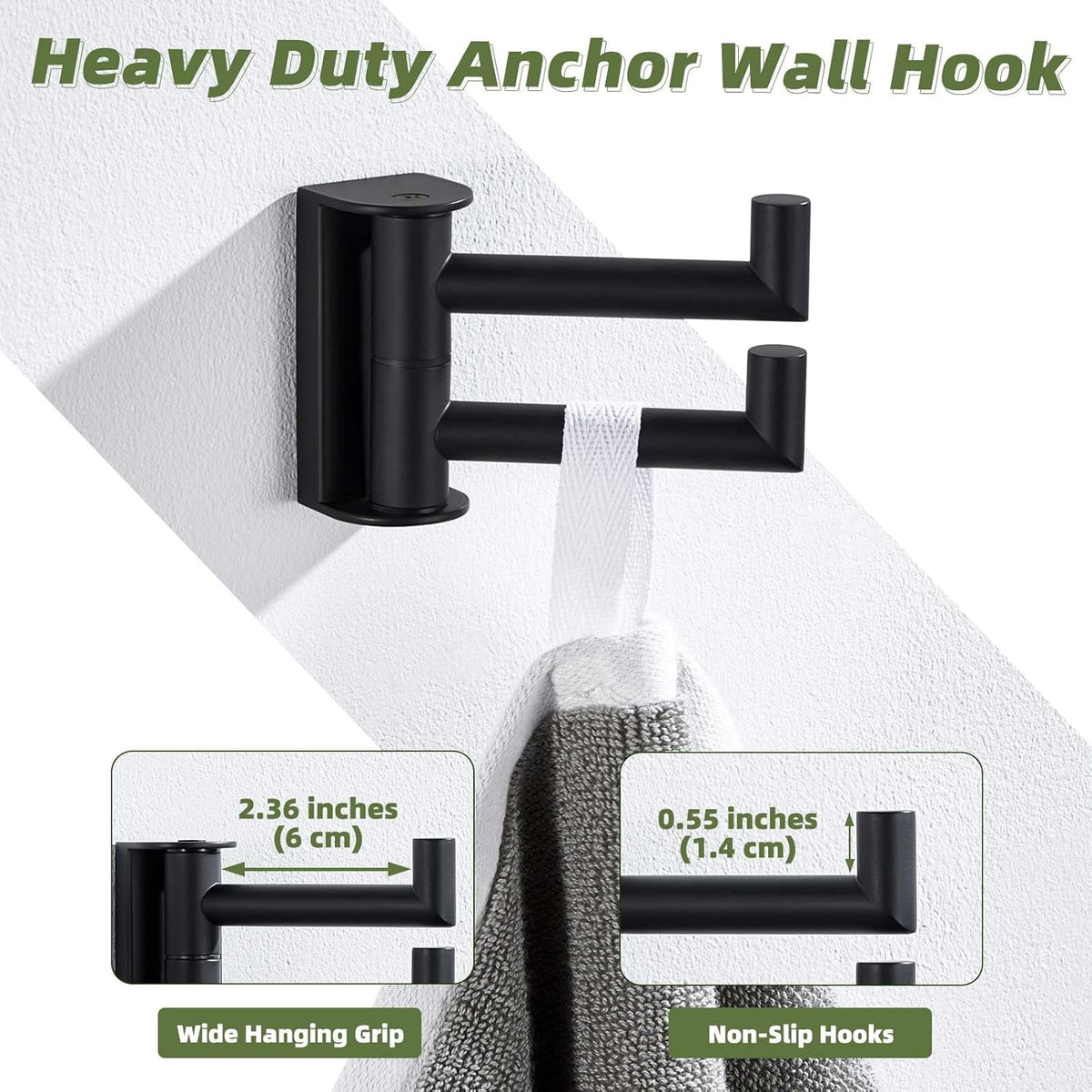 APLusee Swivel Towel Hook for Bathrooms with 2 Rotating Arms, Matte Black