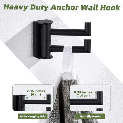APLusee Swivel Towel Hook for Bathrooms with 2 Rotating Arms, Matte Black