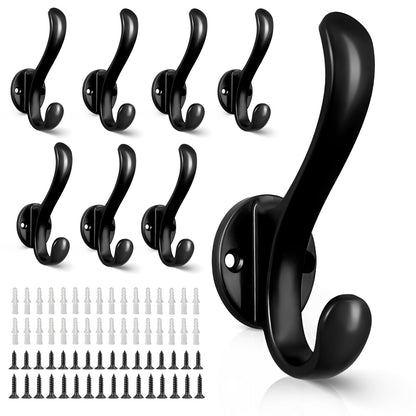 6 Pack Coat Hooks Wall Mount Heavy Duty Utility Retro Double Hooks for Hanging Coats,Hat, Towel, Key, Robe, Scarf, Bag, Cap (Black)