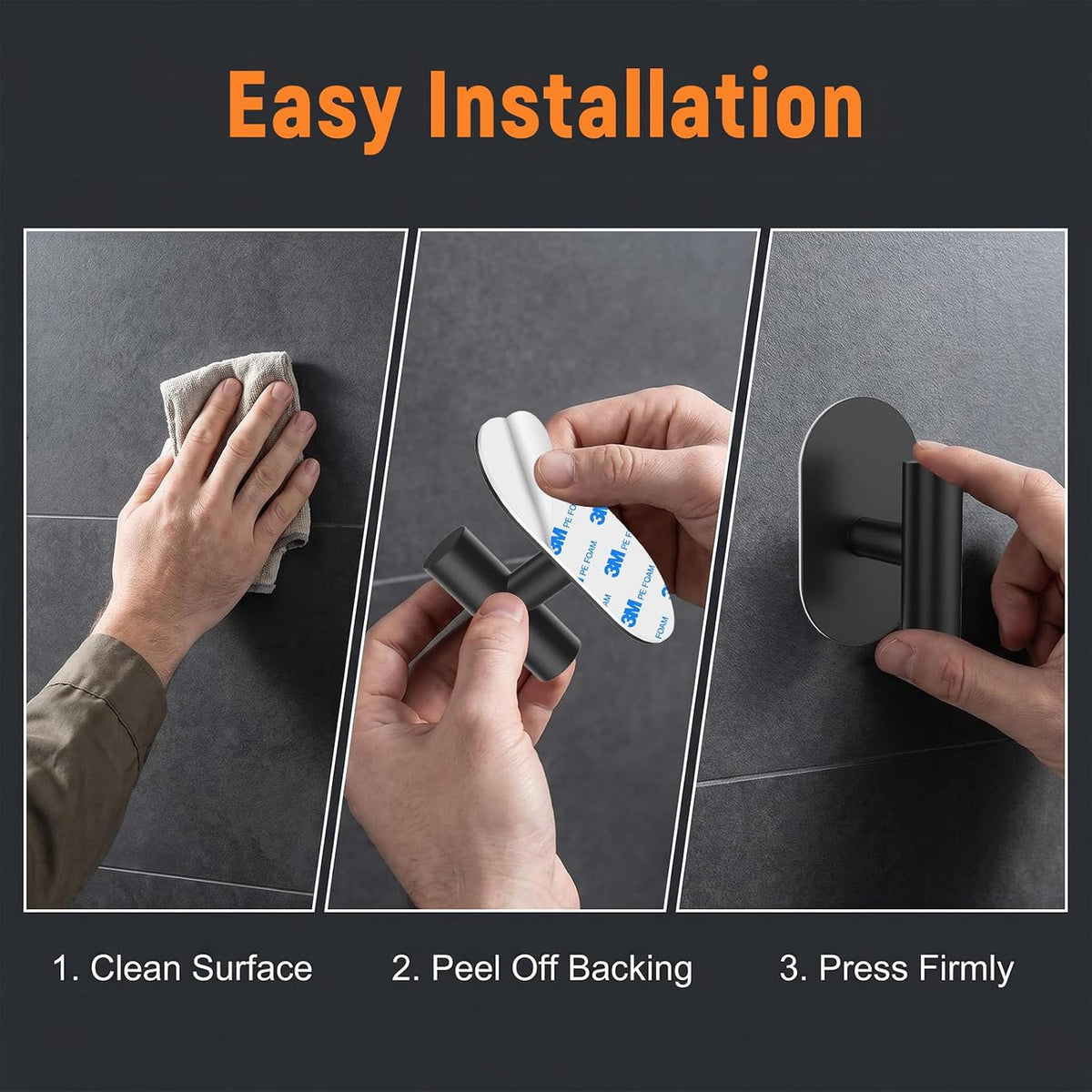 SetSail Adhesive Towel Hooks,Bathroom Black Towel Holder for Wall,4 Packs