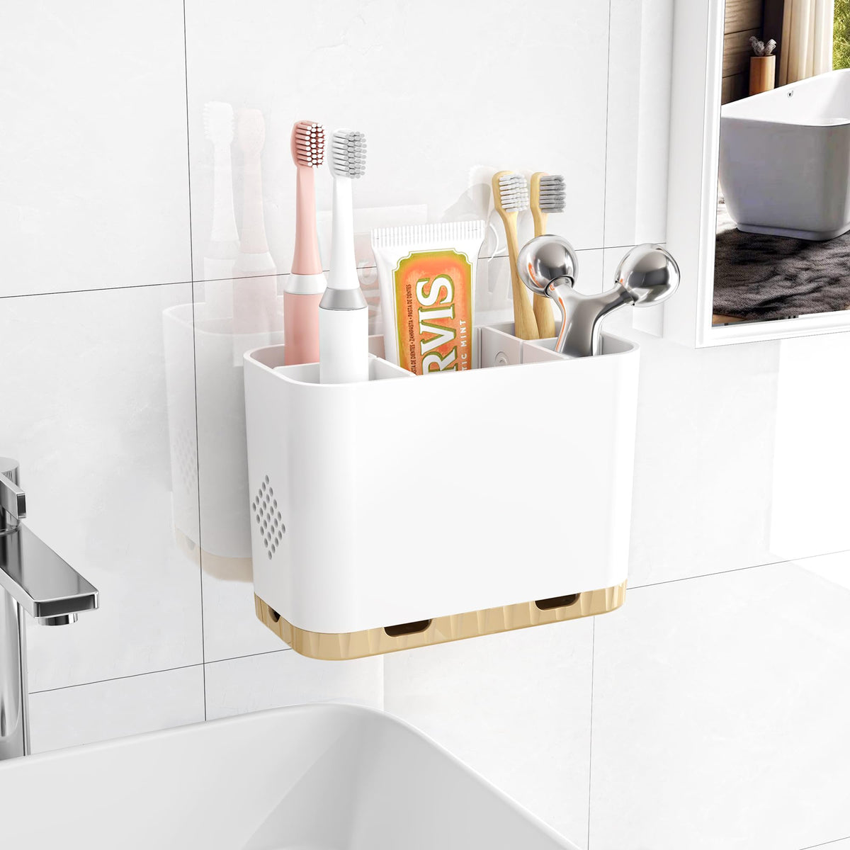 Toothbrush and Toothpaste Holders for Bathrooms Countertop - Detachable 5 Slots Kids Electric Toothbrush Holders Set Wall Mounted with Removable Dividers for Bathroom Decor and Accessories Organizer