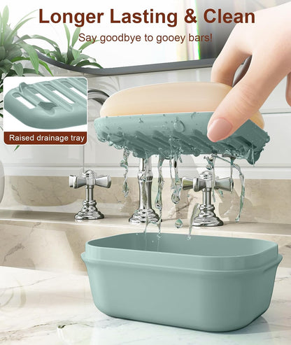 Quatish Leakproof Soap Dish with Lid & Draining Layer, Shatterproof Travel Bar Soap Holder Case Container, Portable Travel Size Toiletries Essentials for Camping, Gym, Bathroom, Greygreen