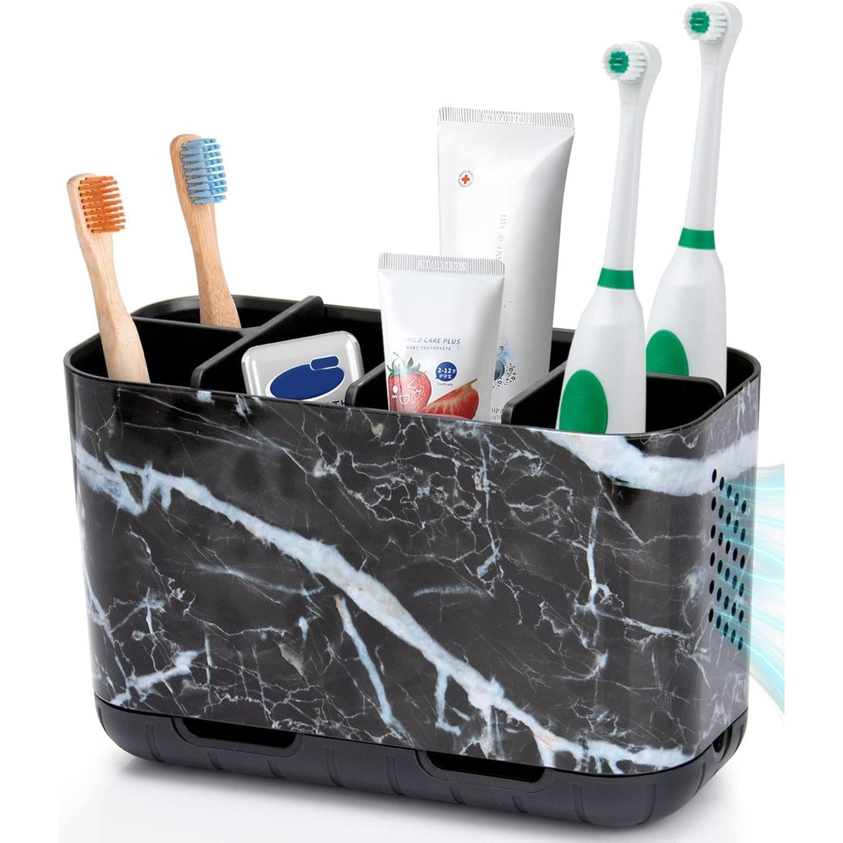 Boperzi Toothbrush and Toothpaste Holder Drainage for Bathroom Countertop with Adjustable Dividers, Large Toothpaste Caddy Organizer Storage Rustic Decor Set Anti-Slip for Shower,Family,Kids Gray