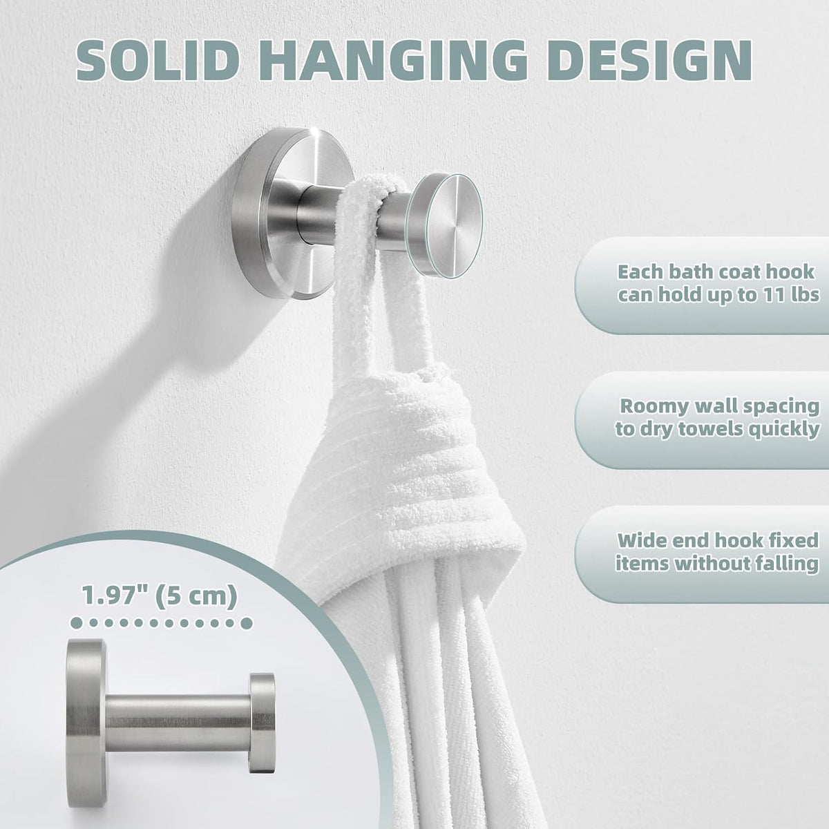 APLusee Towel Hook, Brushed Nickel, 304 Stainless Steel, Wall Mount