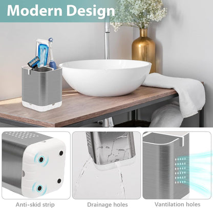 Boperzi Toothbrush Holder Toothpaste Organizer Drainage for Bathroom Vanity, Detachable Anti-Slip Brushed Nickel Toothpaste Storage Caddy 3 Slots with Drainage Holes for Makeup Brush Razor Stand