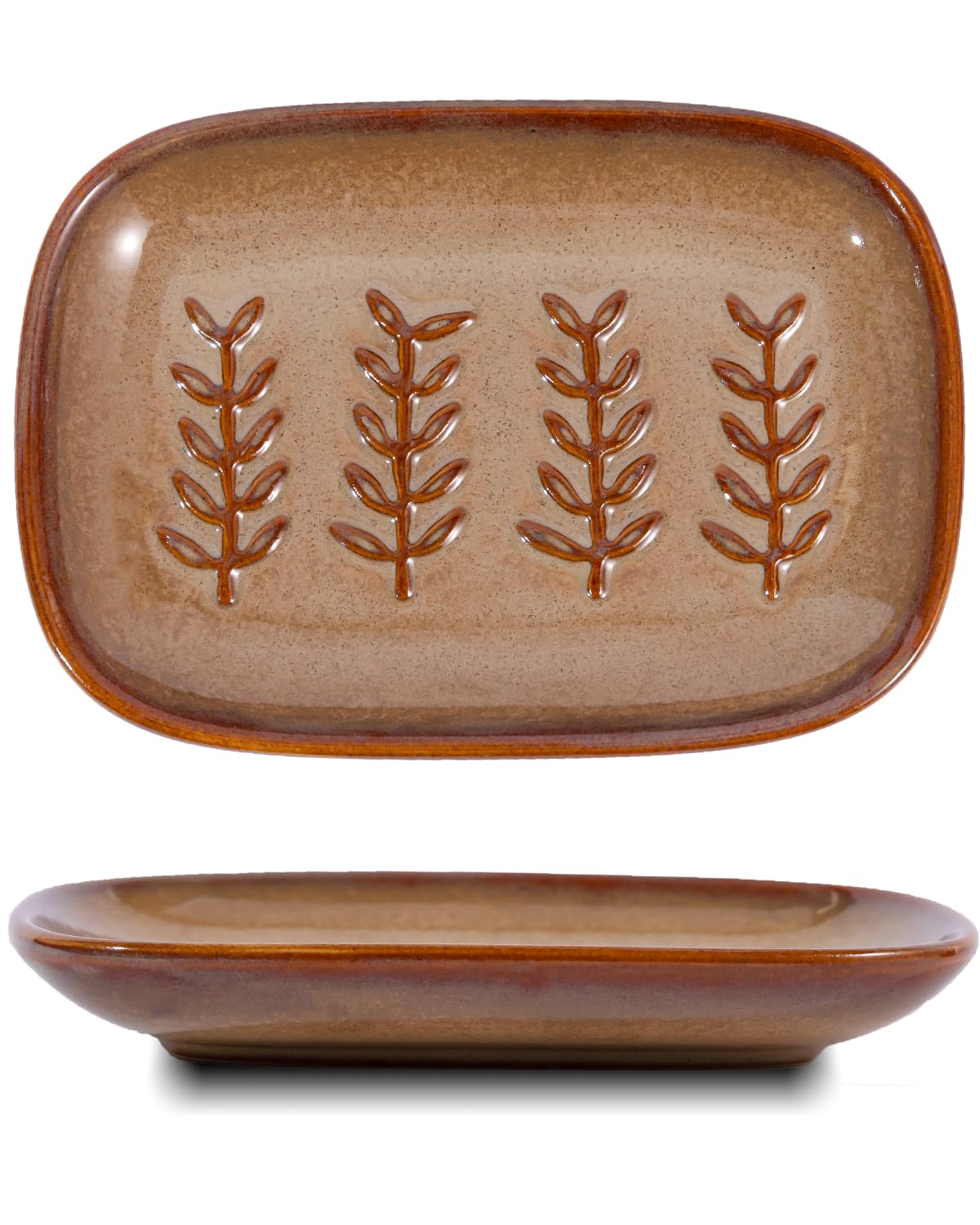 HighHerz Aesthetic Ceramic Soap Dish for Shower, Soap Holder with Raised Relief, Shower Soap Dish for Shampoo Bar Or Sponge, Soap Saver for Bathroom, Kitchen, Sink, Decorative Soap Tray (Brown)