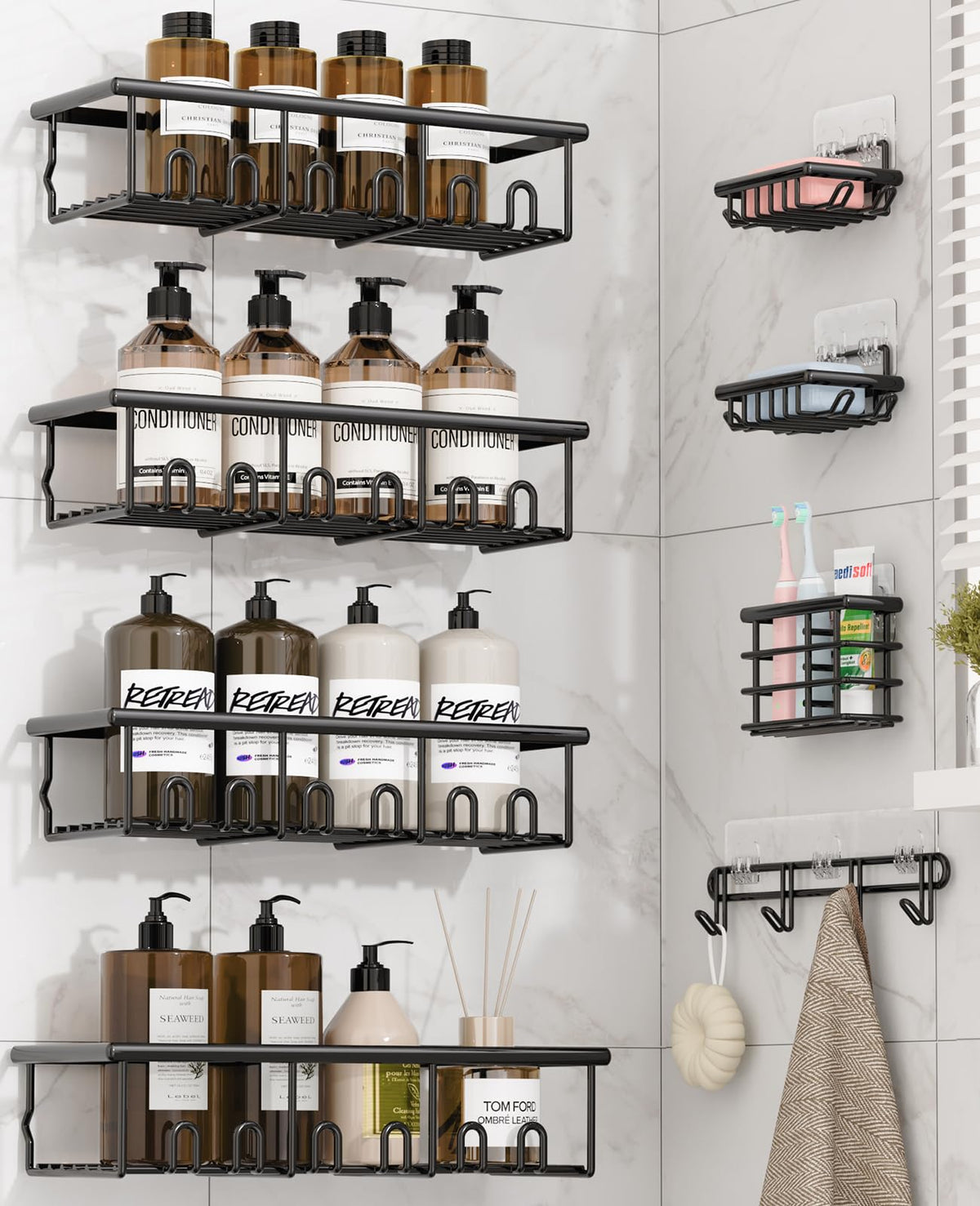 5 Pack Adhesive Bathroom Holders & Dispensers for Kids & Adults, Black