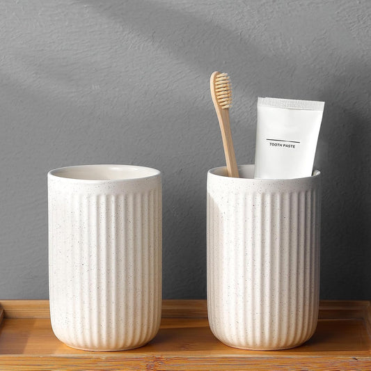 Toothbrush Holders - 2 Cup Ceramic Toothbrush Toothpaste Holders Set, Beige Bathroom Tumbler Cups Reusable Toothbrush Mouthwash Cup, Bathroom Counter Organizer