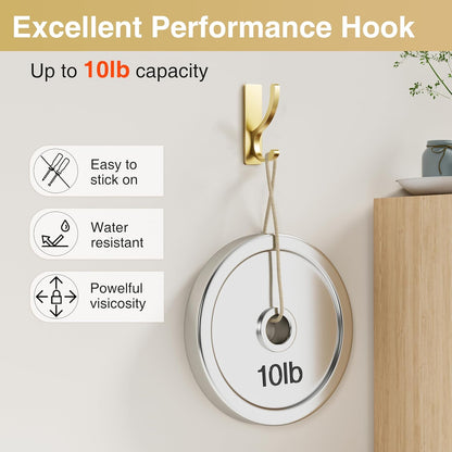 pickpiff Adhesive Wall Hooks for Coat/Towel, Hold 13LB, Gold 4 Pack