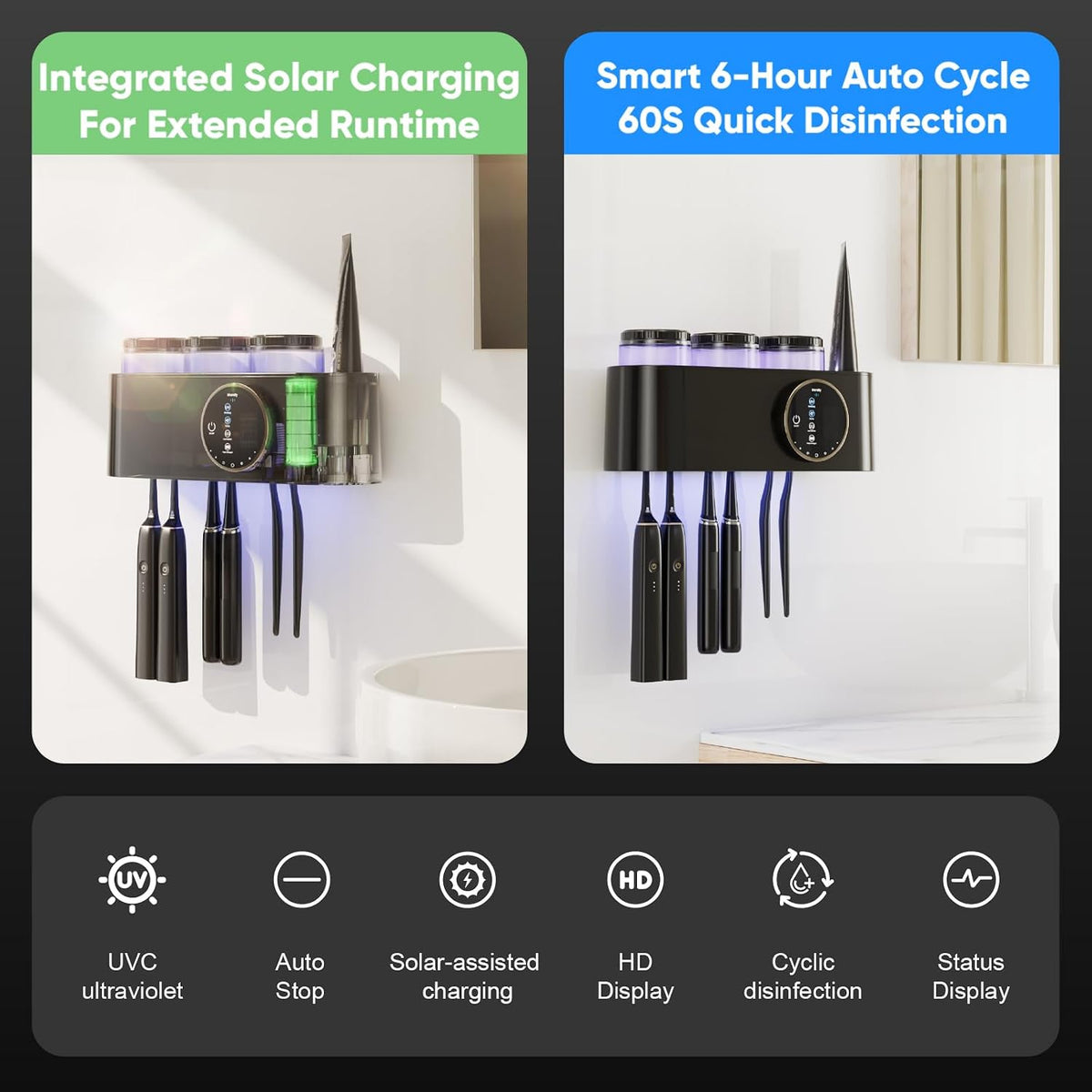 UV Toothbrush Sanitizer and Holder Wall Mounted, Electric Toothbrush Holder for Bathroom with UVA+UVC Light & Fan Dry, 6 Toothbrush Slots & 3 Cups, No-Drill Rechargeable Toothbrush Organizer（Black）