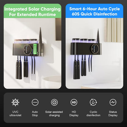 UV Toothbrush Sanitizer and Holder Wall Mounted, Electric Toothbrush Holder for Bathroom with UVA+UVC Light & Fan Dry, 6 Toothbrush Slots & 3 Cups, No-Drill Rechargeable Toothbrush Organizer（Black）