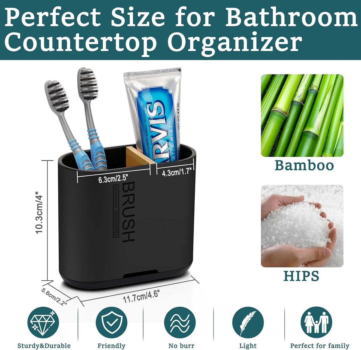 Bamboo Toothbrush Holder for Bathrooms Toothpaste Organizer, Small, Black