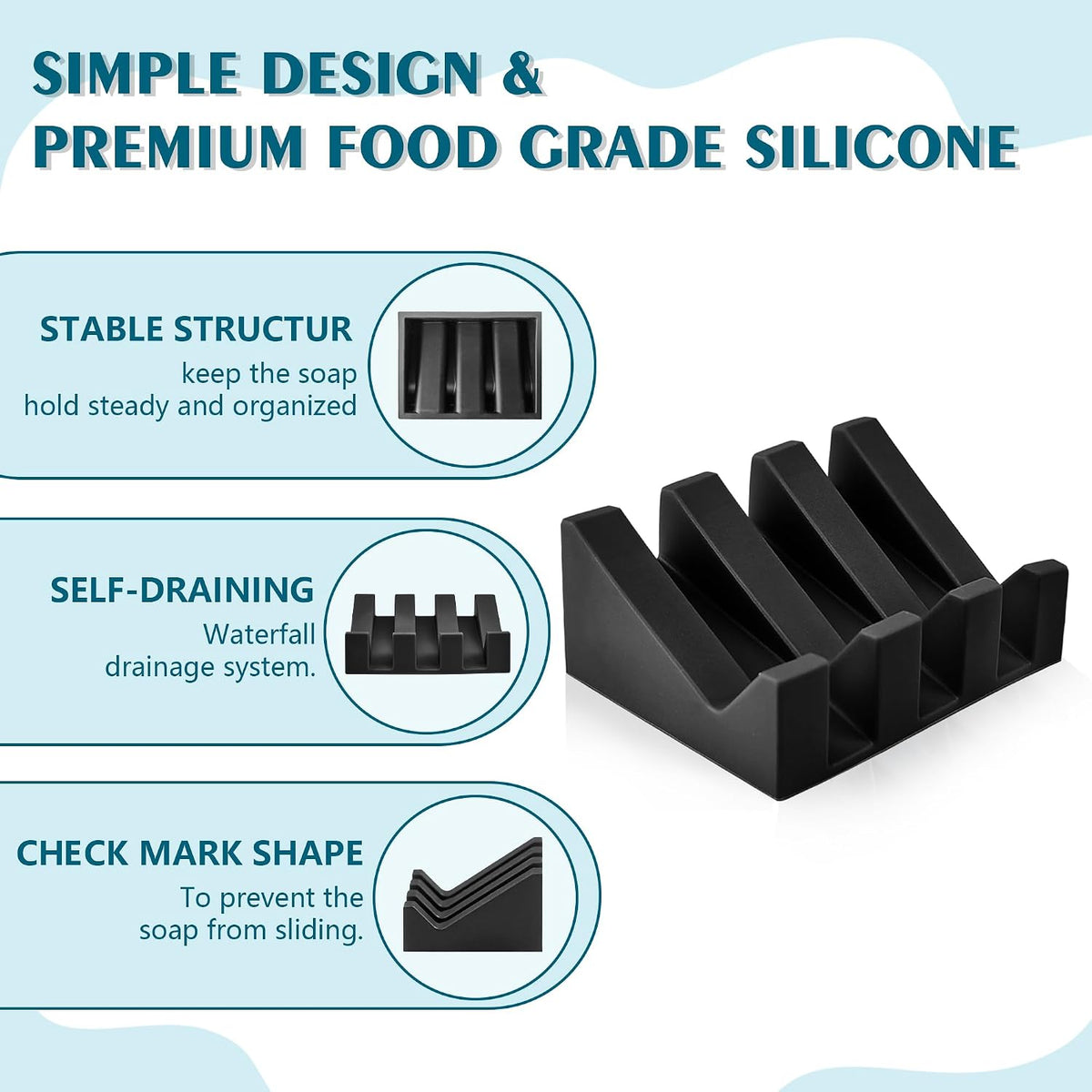 Self Draining Soap Dish Holder,Silicone Soap Dish,for Bathroom,Kitchen, Sponges，Can Extend Soap Life，Keep Soap Bars Dry and Easy Cleaning (Black,1-Pack)