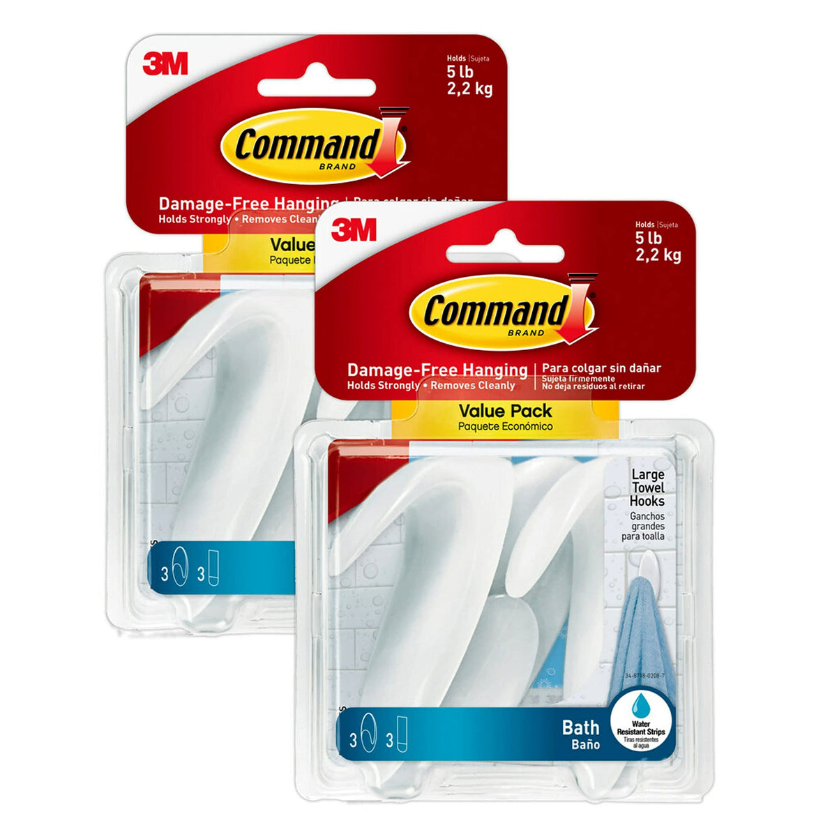 Command Large White Bath Hooks, 3 Hooks, 3 Strips