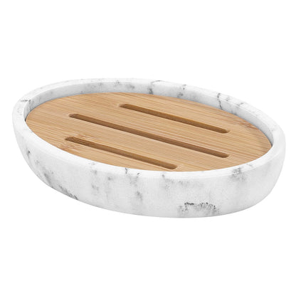 Luxspire Bamboo Soap Dish, Resin Holder with Drainage, Gravel White