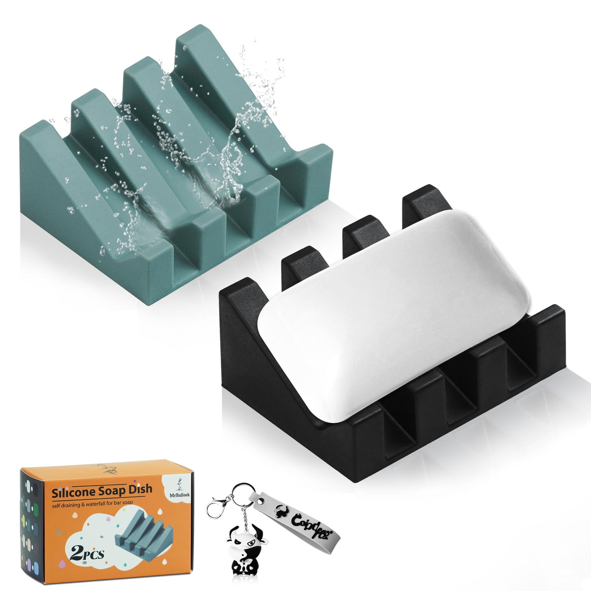 Silicone Soap Dish Self Draining with Suction Cups (White, 2 Pack)