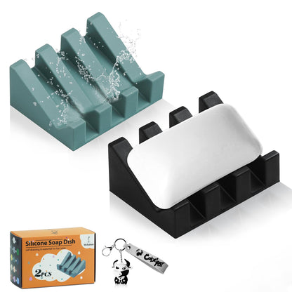 Silicone Soap Dish Self Draining with Suction Cups (White, 2 Pack)