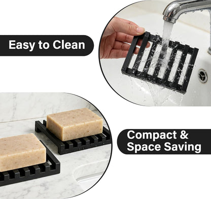 Slotted Silicone Soap Dish 2 Pcs, Self Draining Soap Holder with Raised Bar Design, Non Slip Soap Saver Tray, Quick Dry Soap Dish for Bathroom Kitchen Sink Shower, Black