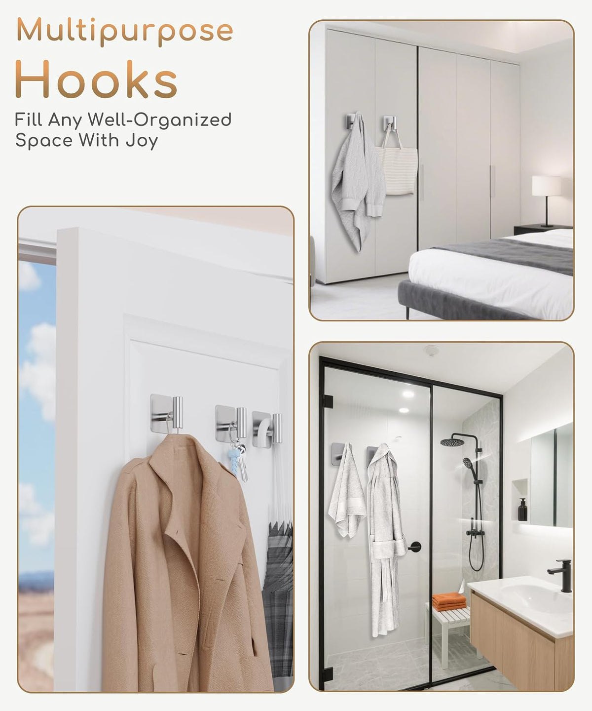 Aikzik 4 Pack Large Heavy Duty Wall Hooks - 26lb Max, Stainless Steel Adhesive Towel Hook, Shower Hooks for Hanging Towel, Coat, Robe, Wall Hook for Use in Bathroom, Kitchen and Door