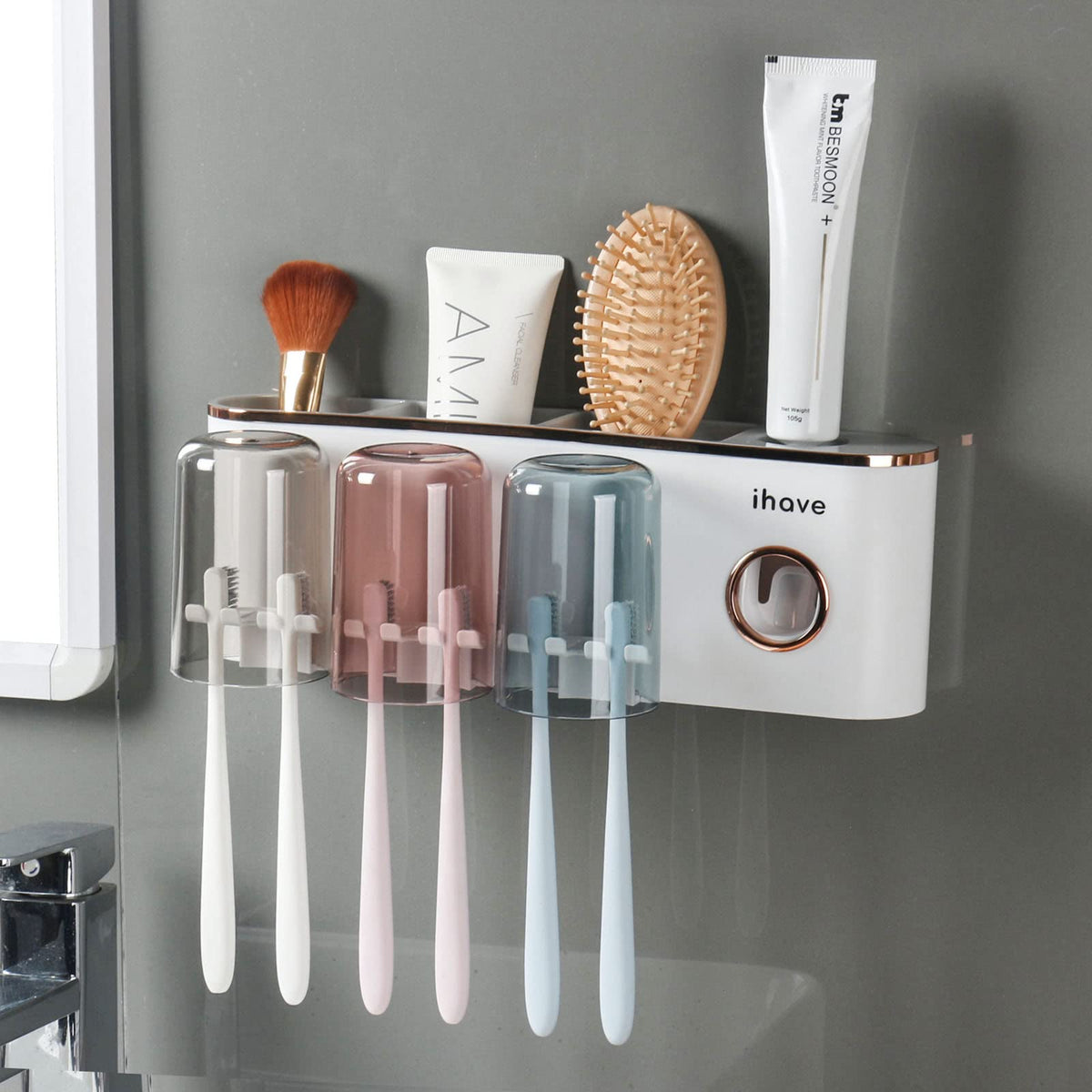 iHave Toothbrush Holders for Bathrooms Wall Mounted with Dispenser & 3 Cups