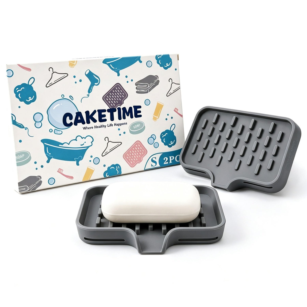 CAKETIME 2 Pack Silicone Soap Dish with Drainage Holes for Bathroom Shower Caddy Kitchen Counter Bar Sponge Holder Drying Rack Sink Organizer Essentials Apartment Home Household Must Haves 2026