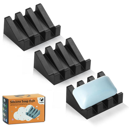 Self Draining Soap Dish Holder,Silicone Soap Dish,for Bathroom,Kitchen, Sponges，Can Extend Soap Life，Keep Soap Bars Dry and Easy Cleaning (Black,1-Pack)