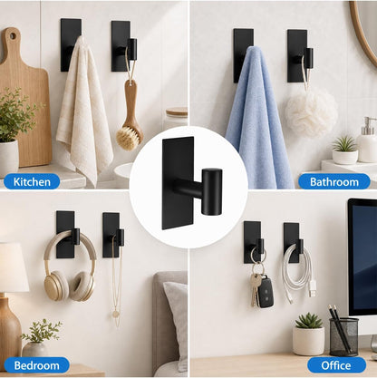 5 Pcs Towel Hooks Heavy Duty for Hanging，Adhesive Wall Hooks with Removable Strips，Sticky No Damage，Outdoor for Bathrooms，Shower，Stockings，Decor，Robe，X-Large，Black 304 Stainless Steel