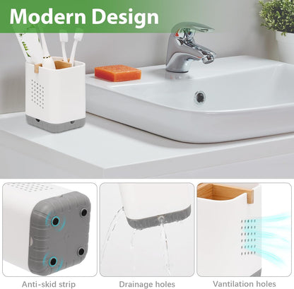 Boperzi Toothbrush and Toothpaste Holder with Bamboo Divider for Bathroom Countertop Organizer, Plastic Detachable Anti-Slip Large Electric Toothbrush Holders Storage Caddy Drainage for Family, Kids