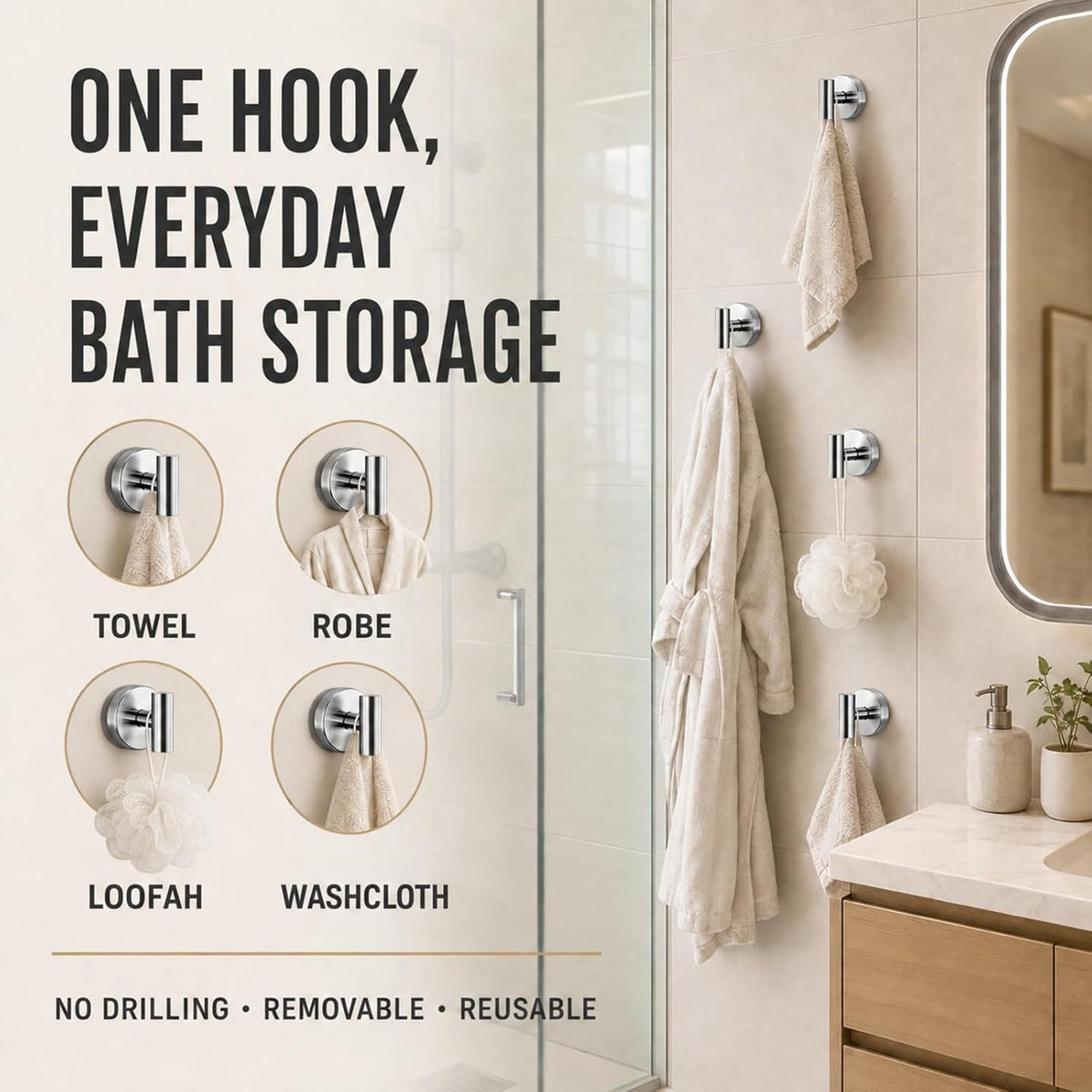 Suction Cup Hooks for Shower - Bathroom Reusable Towel Hooks