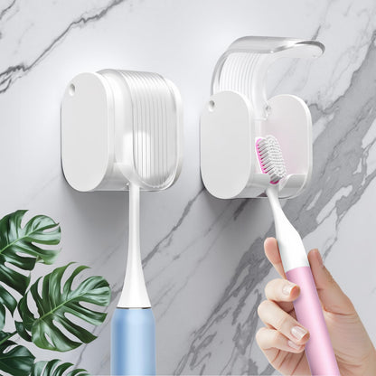 4 Pcs Toothbrush Holders Wall Mounted, Single Slot Design, Shower Self Adhesive Wall Mounted Toothbrush Holder with Cover, Waterproof and Dustproof, Suitable for Bathroom, Family, Travel (Grey)