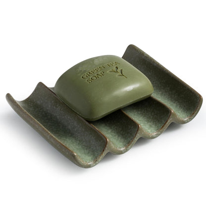 Draining Ceramic Soap Dish - Fluted Design, Bar Soap Holder for Shower & Bathroom, Soap Saver Sponge Lift, Green