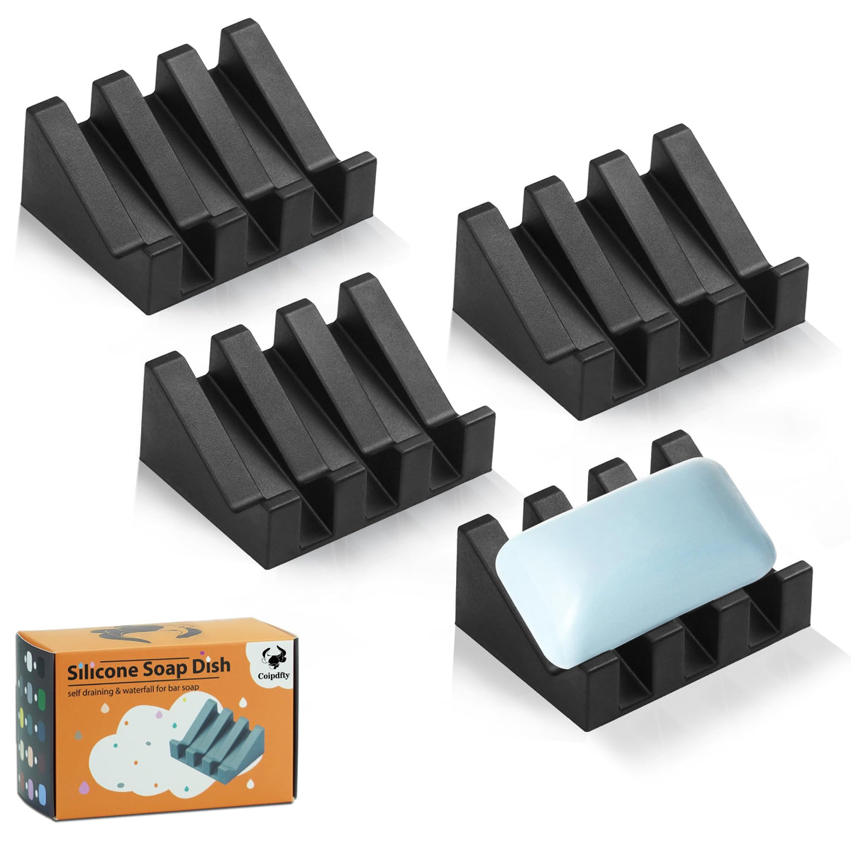 Self Draining Soap Dish Holder,Silicone Soap Dish,for Bathroom,Kitchen, Sponges，Can Extend Soap Life，Keep Soap Bars Dry and Easy Cleaning (Black,1-Pack)