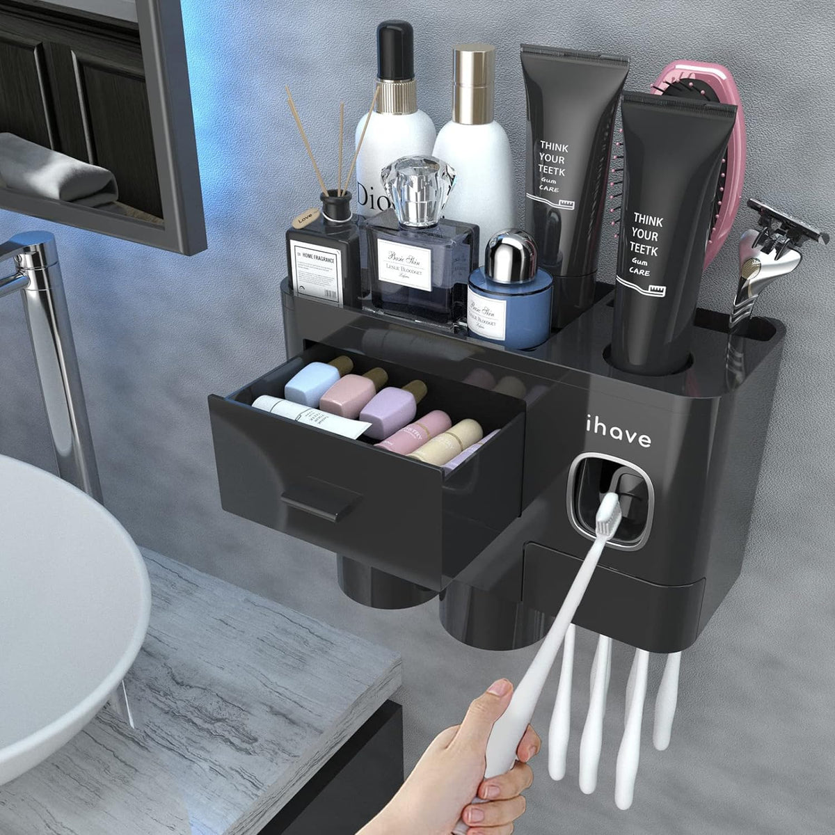 iHave Toothbrush Holders Wall Mounted with Toothpaste Dispenser & 2 Cups