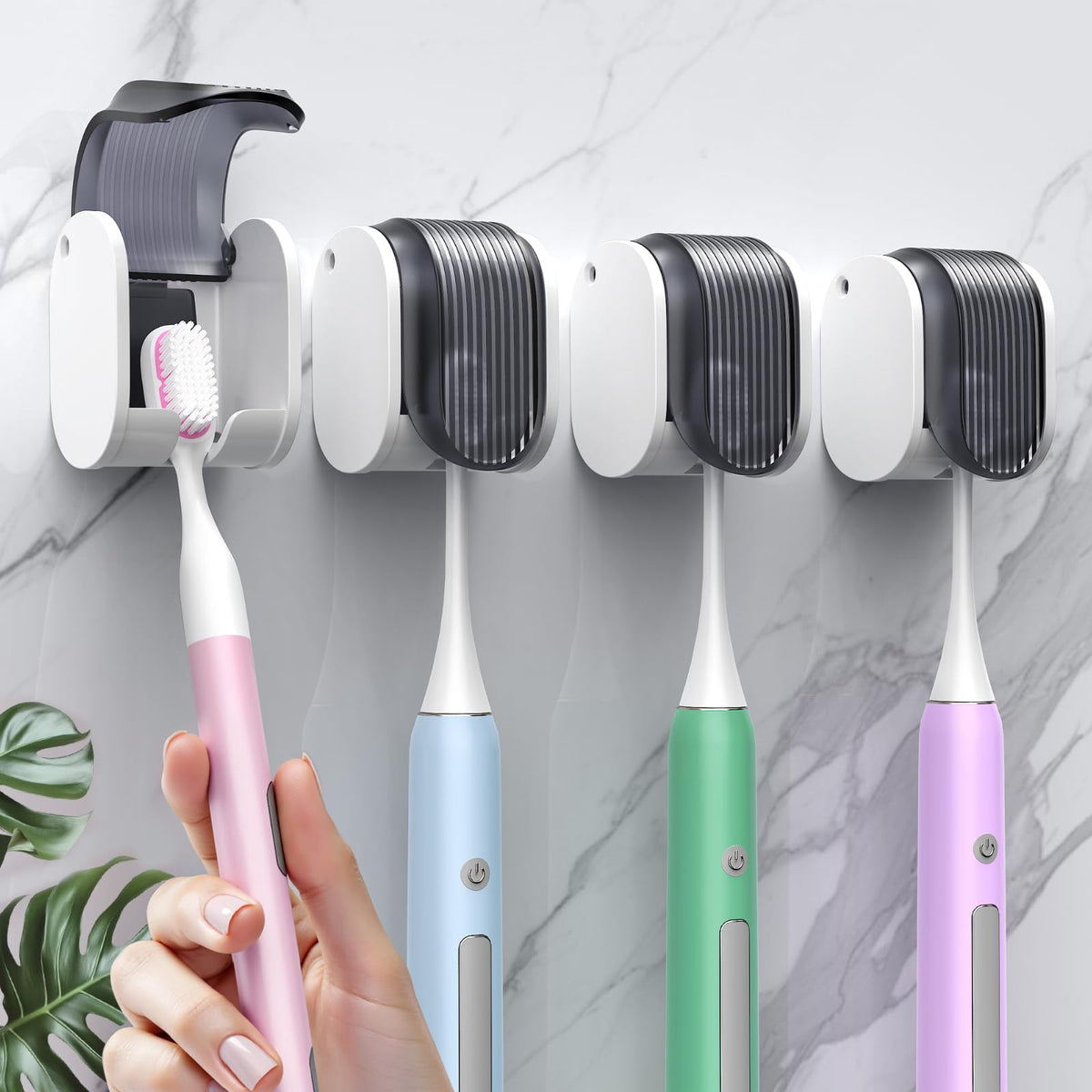 4 Pcs Toothbrush Holders Wall Mounted, Single Slot Design, Shower Self Adhesive Wall Mounted Toothbrush Holder with Cover, Waterproof and Dustproof, Suitable for Bathroom, Family, Travel (Grey)