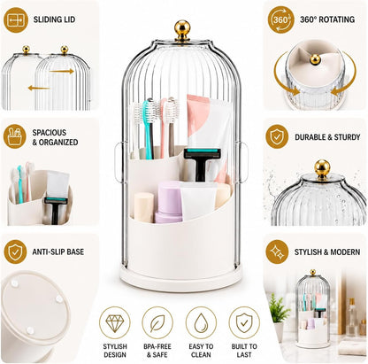 Rotating Toothbrush Holder with Cover, Storage for Bathroom, Dustproof Toothbrush Holder with Sliding Lid Electric Tooth Brush and Makeup Brush Organizer for Vanity, Dustproof with Cover