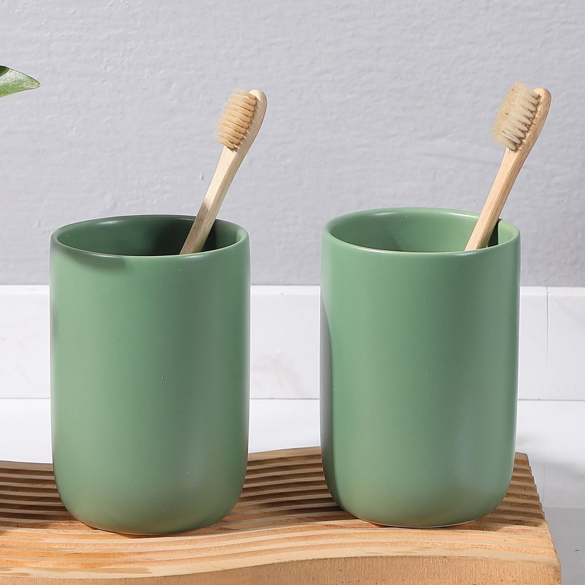 Toothbrush Holders for Bathrooms - 2 Cups Ceramic Toothbrush Toothpaste Holders Set, White Bathroom Tumbler Cups Reusable Toothbrush Mouthwash Cup, Bathroom Counter Organizer