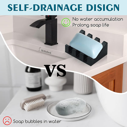 Self Draining Silicone Soap Dish Holder Waterfall Tray, 2 Pack Black