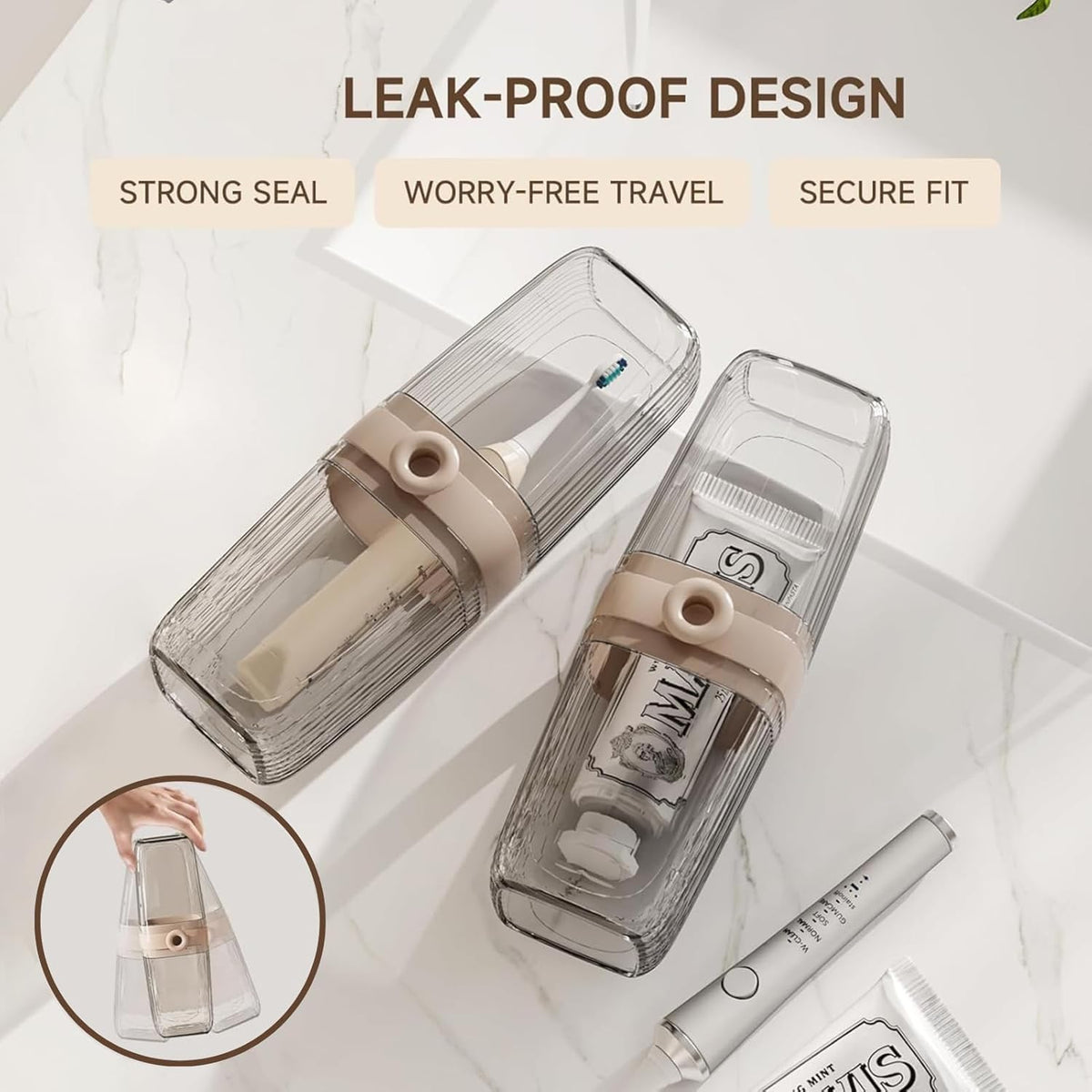 Topavatop Toothbrush Travel Case, 2 in 1 Toothbrush Holder and Rinse Cup, Large Capacity Toothbrush Cup with Cover, Portable Travel Toothbrush Holder for Traveling, Camping, Trip - 1Pcs - Beige&Clear