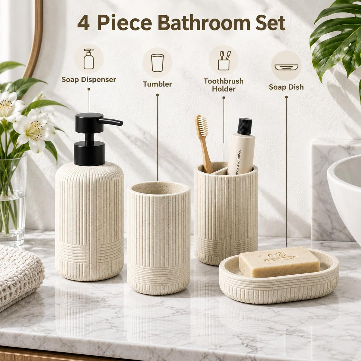 MRAXEL Beige Bathroom Accessory Set 4 Pieces, Toothbrush Holder Set, Resin