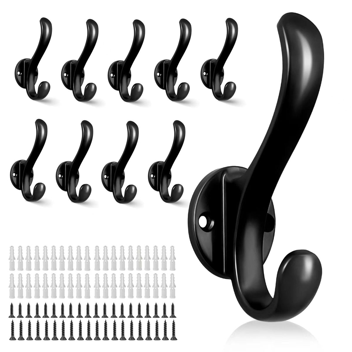 6 Pack Coat Hooks Wall Mount Heavy Duty Utility Retro Double Hooks for Hanging Coats,Hat, Towel, Key, Robe, Scarf, Bag, Cap (Black)
