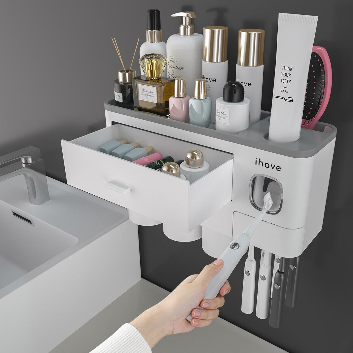iHave Toothbrush Holders Wall Mounted with Toothpaste Dispenser & 2 Cups